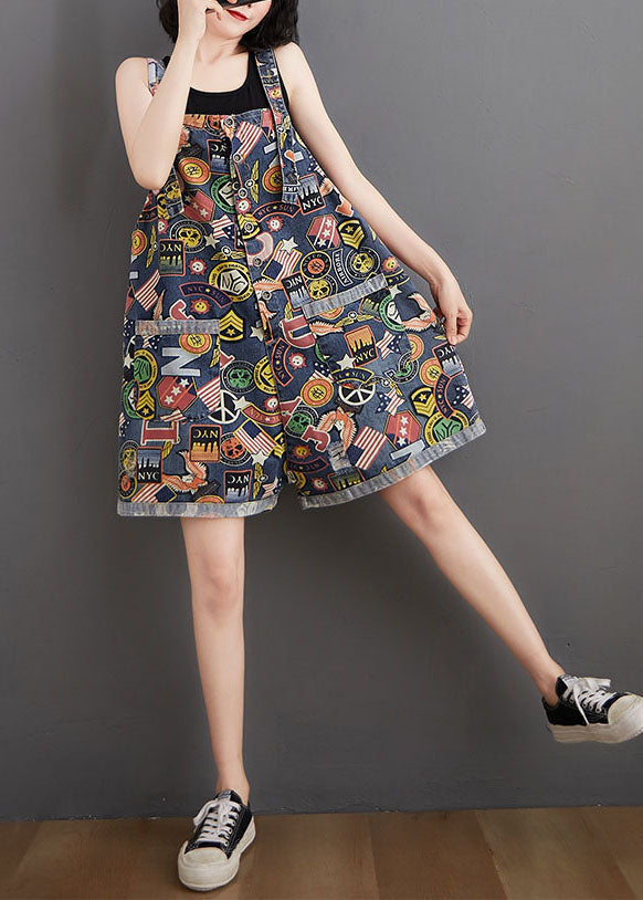 Blue Print Pockets Patchwork Denim Shorts Jumpsuit Summer