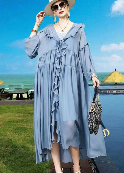 Blue Ruffled Asymmetrical Patchwork Silk Vacation Dresses Summer