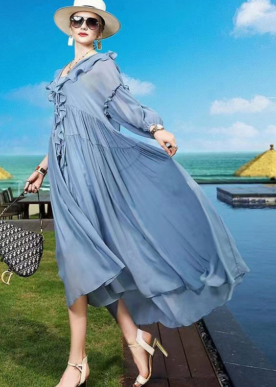 Blue Ruffled Asymmetrical Patchwork Silk Vacation Dresses Summer