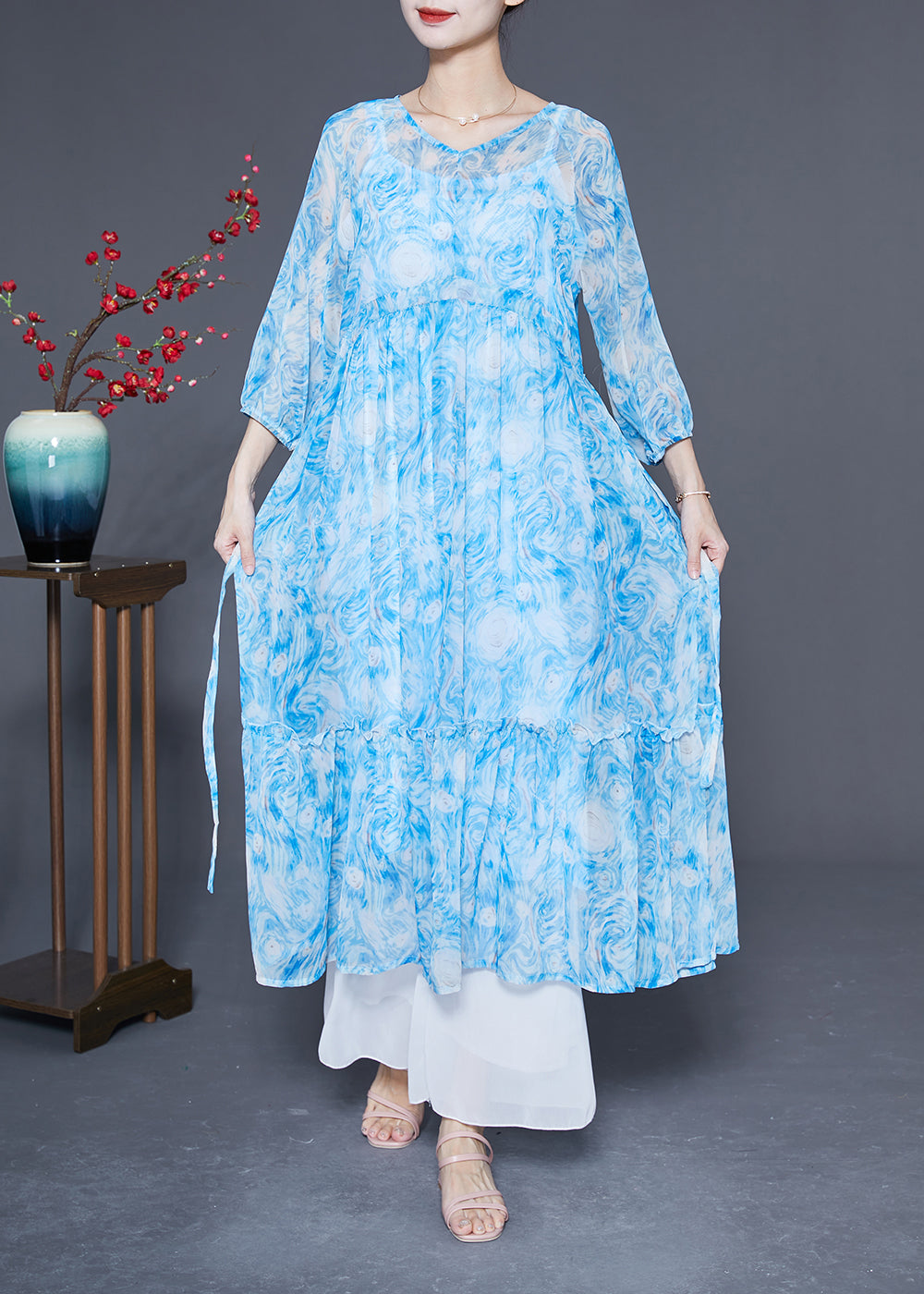 Blue Ruffled Patchwork Exra Large Hem Chiffon Beach Dresses Bracelet Sleeve