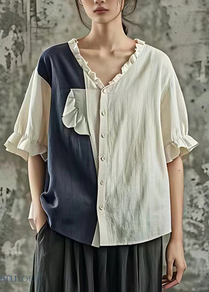 Blue Ruffled Patchwork Tops Short Sleeve