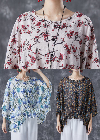 Blue Ruffled Print Cotton Shirt Tops Batwing Sleeve