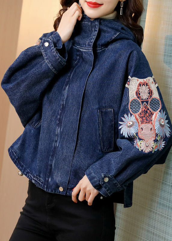 Blue Stand Collar Embroideried Denim Coats Spring