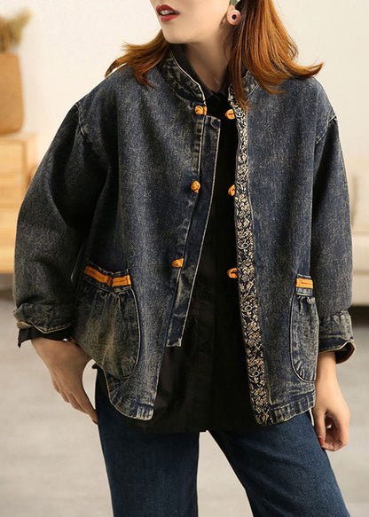 Blue Stand Collar Oriental Button Pockets Patchwork Cotton Denim Coat Outwear Long Sleeve