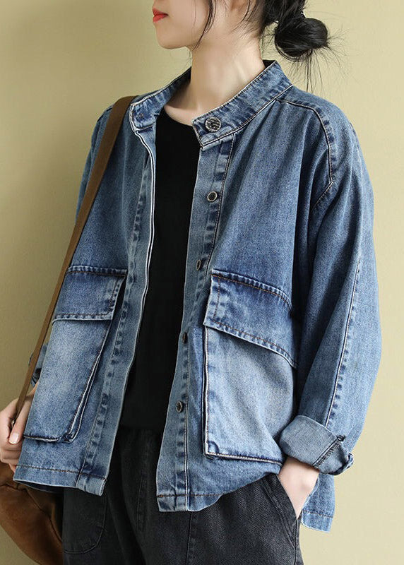 Blue Stand Collar Patchwork Button Denim Coats Long Sleeve