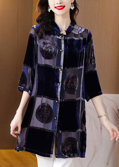 Blue Stand Collar Print Patchwork Velour Shirt Fall