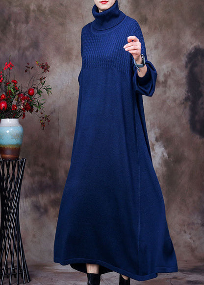 Blue Turtle Neck Long Knit Dress Winter