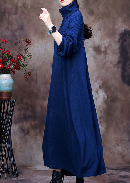 Blue Turtle Neck Long Knit Dress Winter