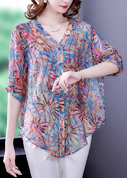 Blue V Neck Button Print Chiffon Shirt Top Half Sleeve