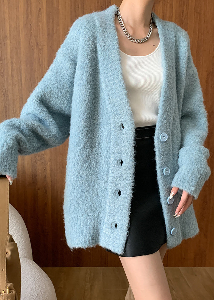 Blue V Neck Button Woolen Cardigans Spring