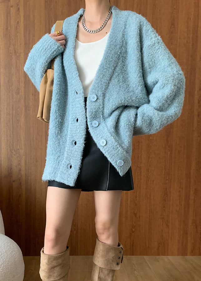 Blue V Neck Button Woolen Cardigans Spring