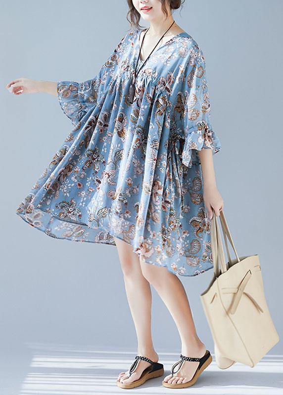 Blue V Neck Loose Print Summer Chiffon Long Dresses Half Sleeve