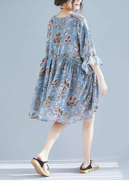 Blue V Neck Loose Print Summer Chiffon Long Dresses Half Sleeve