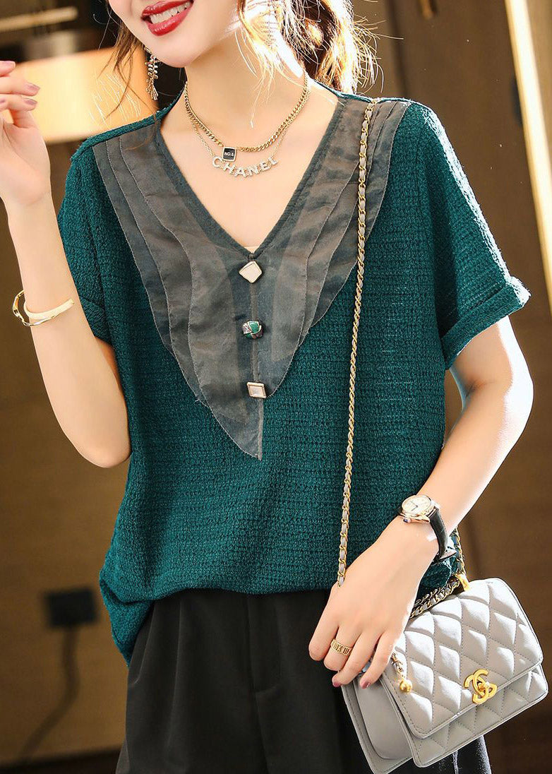 Blue V Neck Organza Patchwork Tops Short Sleeve