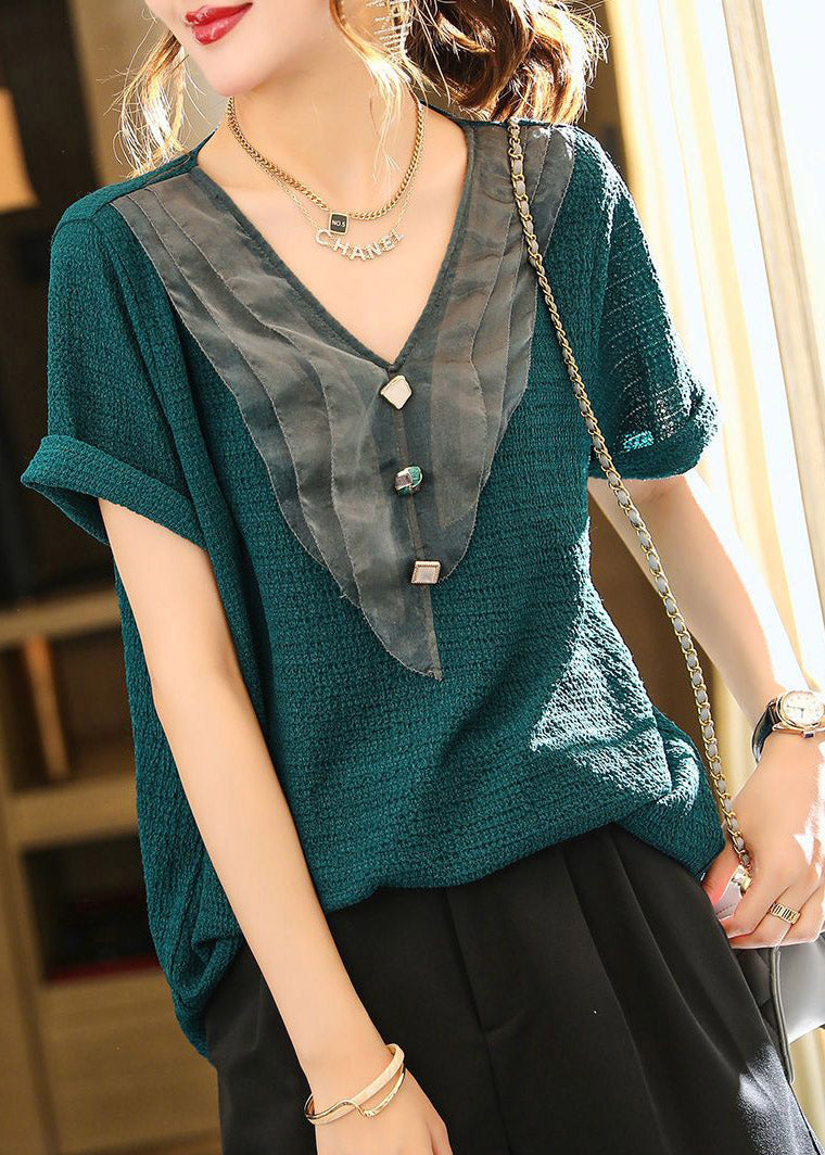 Blue V Neck Organza Patchwork Tops Short Sleeve