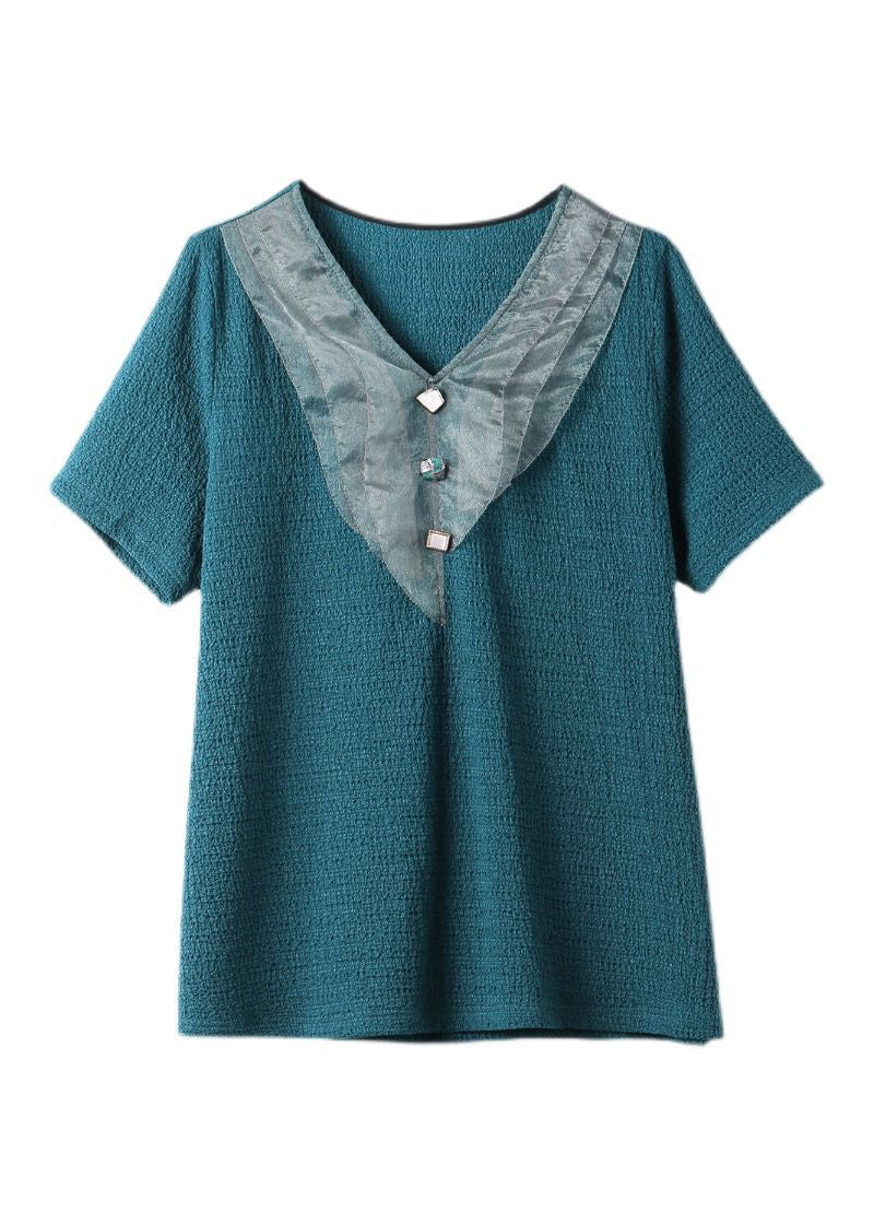 Blue V Neck Organza Patchwork Tops Short Sleeve