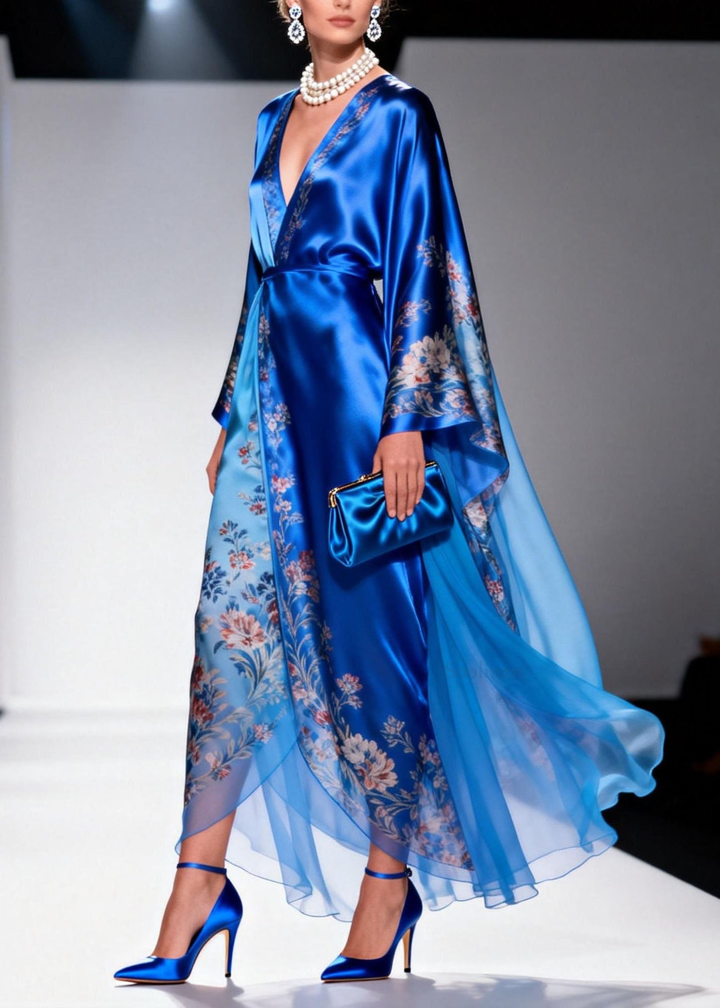 Blue V Neck Print Patchwork Chiffon Dress Spring