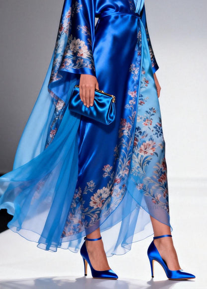 Blue V Neck Print Patchwork Chiffon Dress Spring