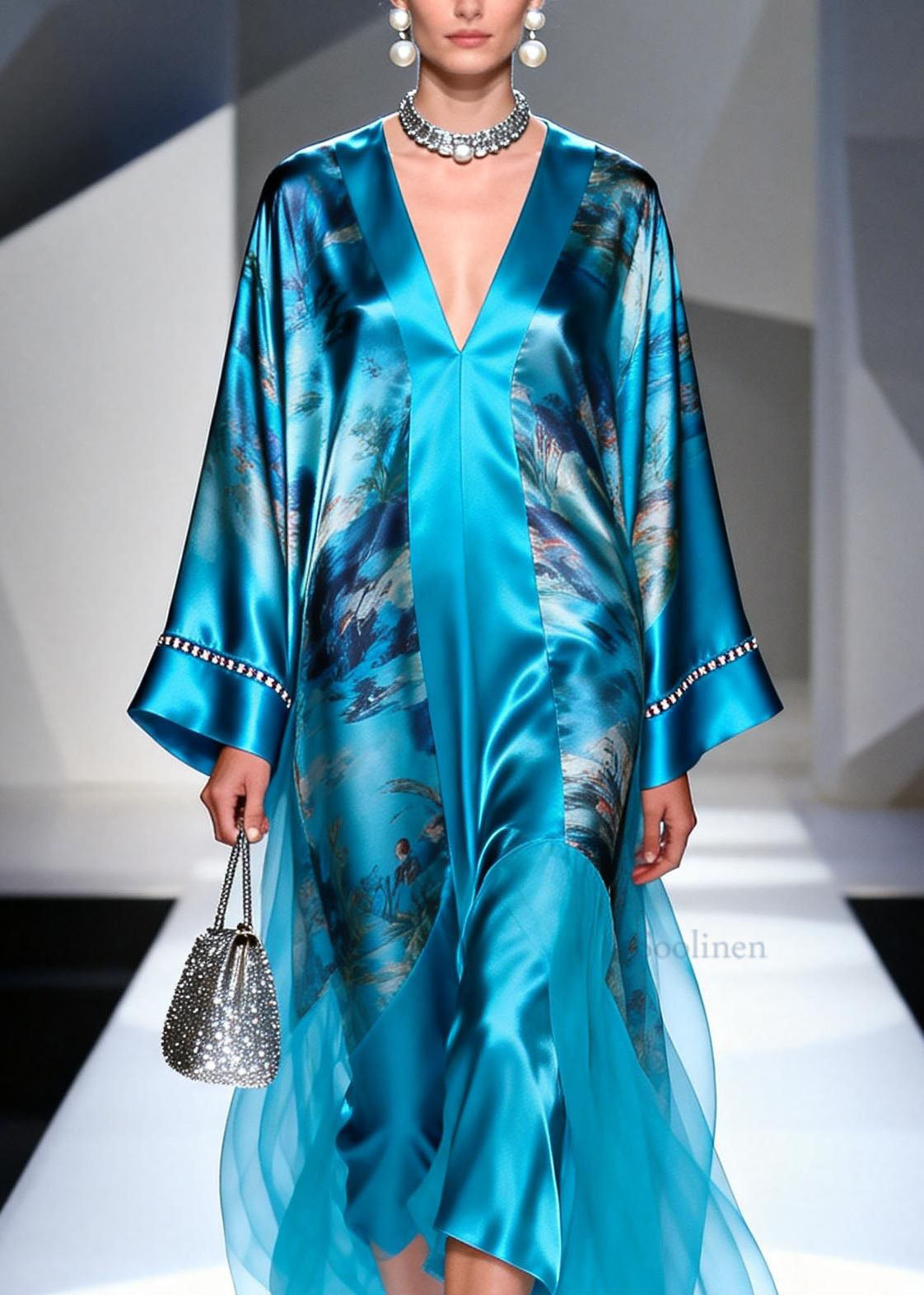 Blue V Neck Print Zircon Silk Long Dress Spring