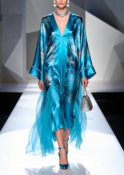 Blue V Neck Print Zircon Silk Long Dress Spring