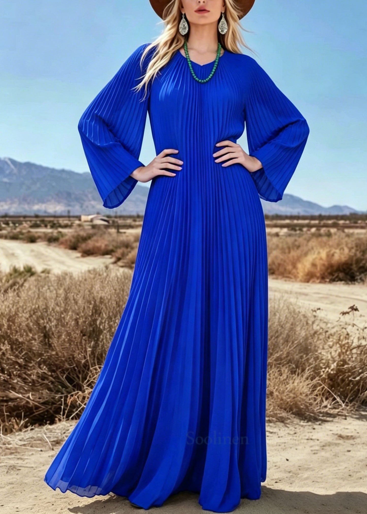 Blue V Neck Wrinkled Chiffon Long Dresses Summer