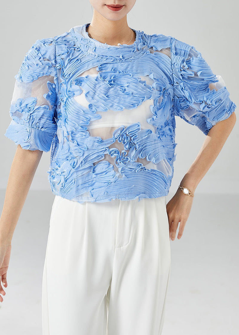 Blue Wrinkled Hollow Out Tulle Shirts Summer