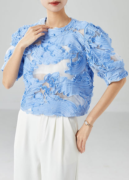 Blue Wrinkled Hollow Out Tulle Shirts Summer