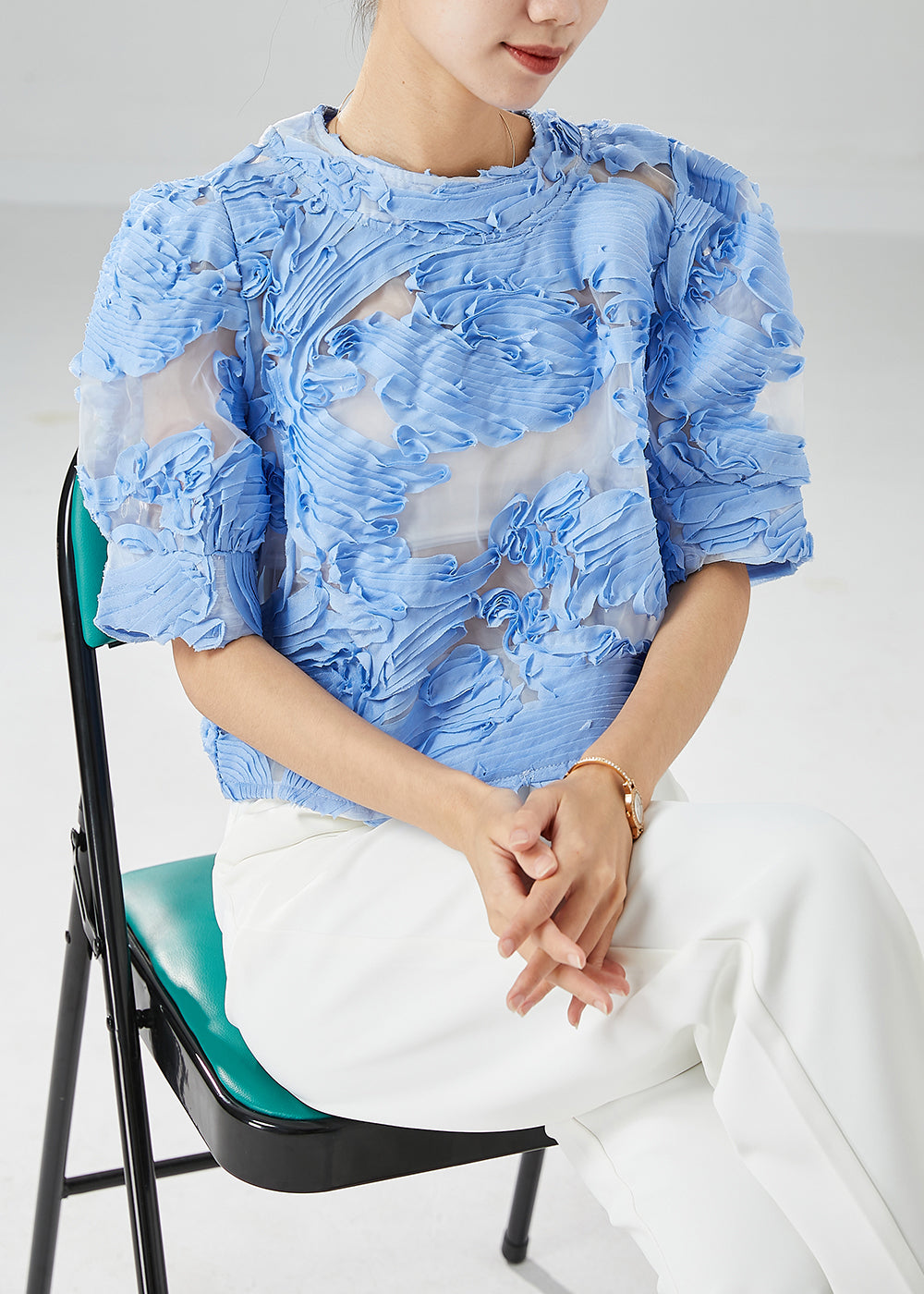 Blue Wrinkled Hollow Out Tulle Shirts Summer