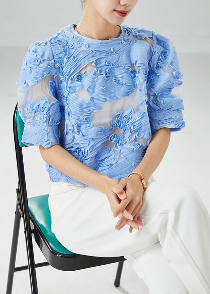 Blue Wrinkled Hollow Out Tulle Shirts Summer