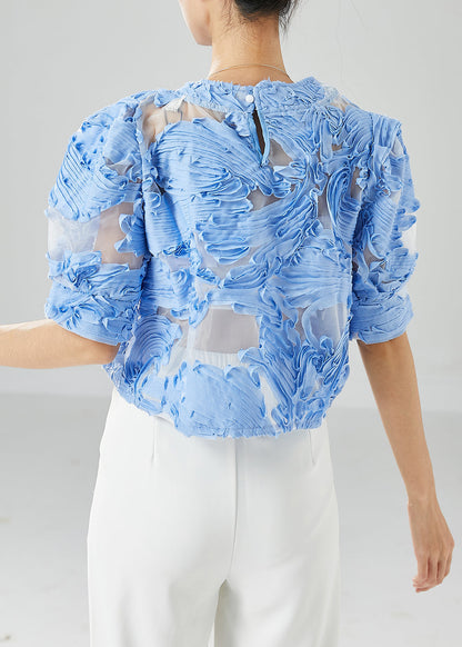 Blue Wrinkled Hollow Out Tulle Shirts Summer