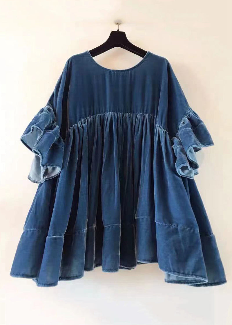 Green Wrinkled Patchwork Velour Short Dress Butterfly Sleeve