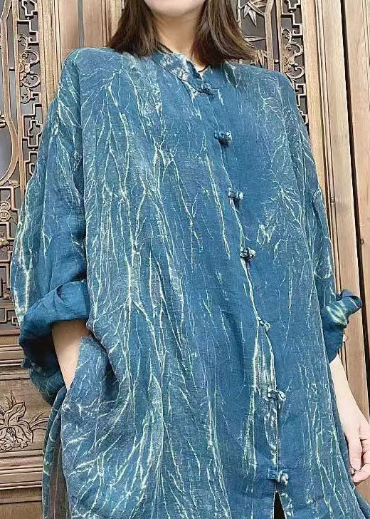 Blue Button Stand Collar Shirt Tops Spring