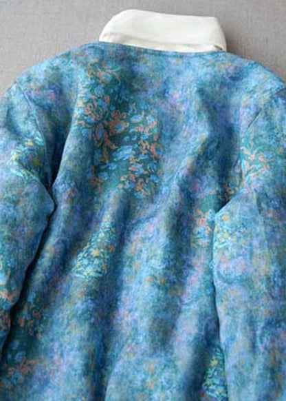 Blue Button V Neck Print Fine Cotton Filled Coats Winter