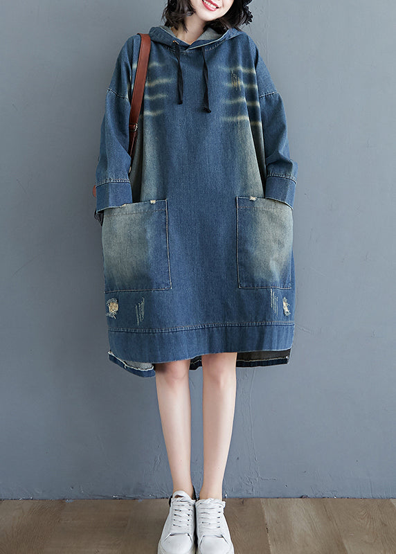 Blue Drawstring Hooded Pocket Denim Dress Long Sleeve