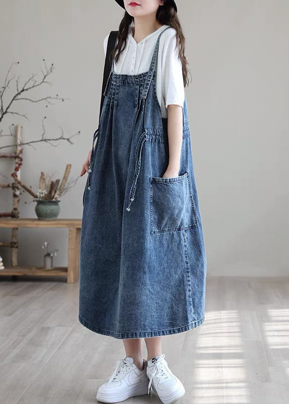 Blue-lace Drawstring Pocket Spaghetti Strap Cotton Denim Dress Spring