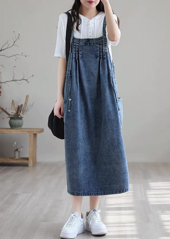 Blue-white Flower Drawstring Pocket Spaghetti Strap Cotton Denim Dress Spring