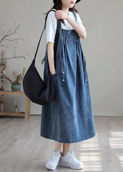 Blue-white Flower Drawstring Pocket Spaghetti Strap Cotton Denim Dress Spring