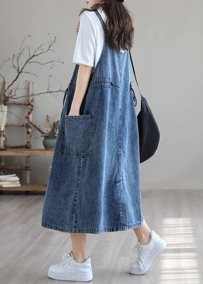 Blue-brown Flower Drawstring Pocket Spaghetti Strap Cotton Denim Dress Spring
