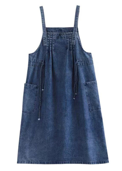 Blue-lace Drawstring Pocket Spaghetti Strap Cotton Denim Dress Spring