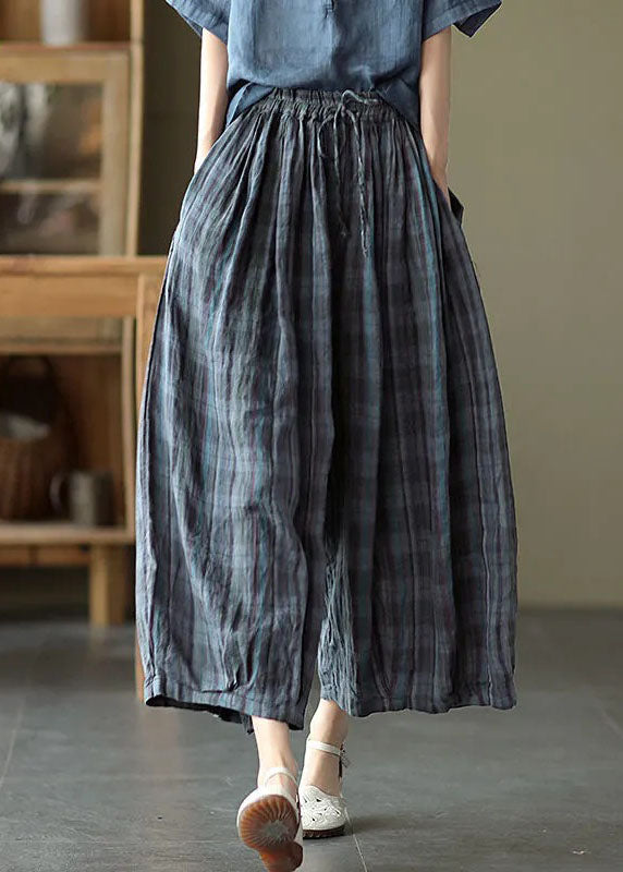 Blue Elastic Waist Plaid Cotton Pants Spring