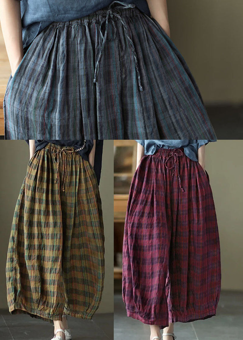 Blue Elastic Waist Plaid Cotton Pants Spring