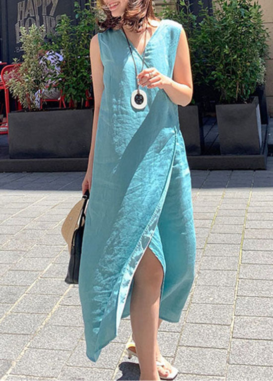 Blue Side Open Linen Long Dress Sleeveless