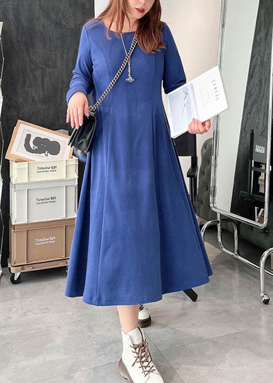 Blue Thick Velour Slim Fit Dress Winter
