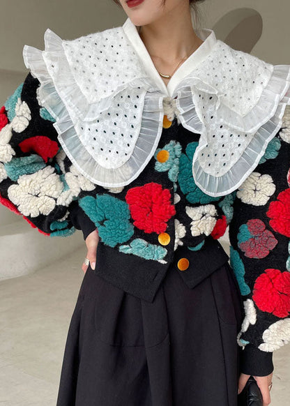 Bright Red Flower Puff Sleeve Faux Fur Winter Coat