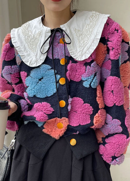 Bright Red Flower Puff Sleeve Faux Fur Winter Coat