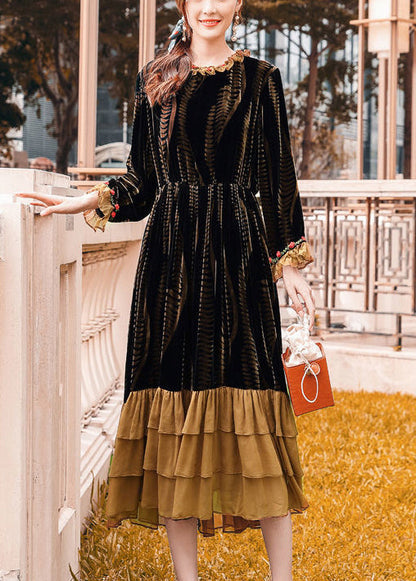 Brown Cinched Patchwork Ruffles Silk Velour Dress Spring