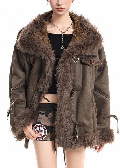 Brown Faux Fox Collar Patchwork Warm Fleece Trench Winter