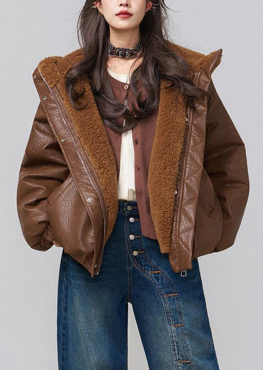 Brown Hooded Pockets Fluffy Faux Leather Winter