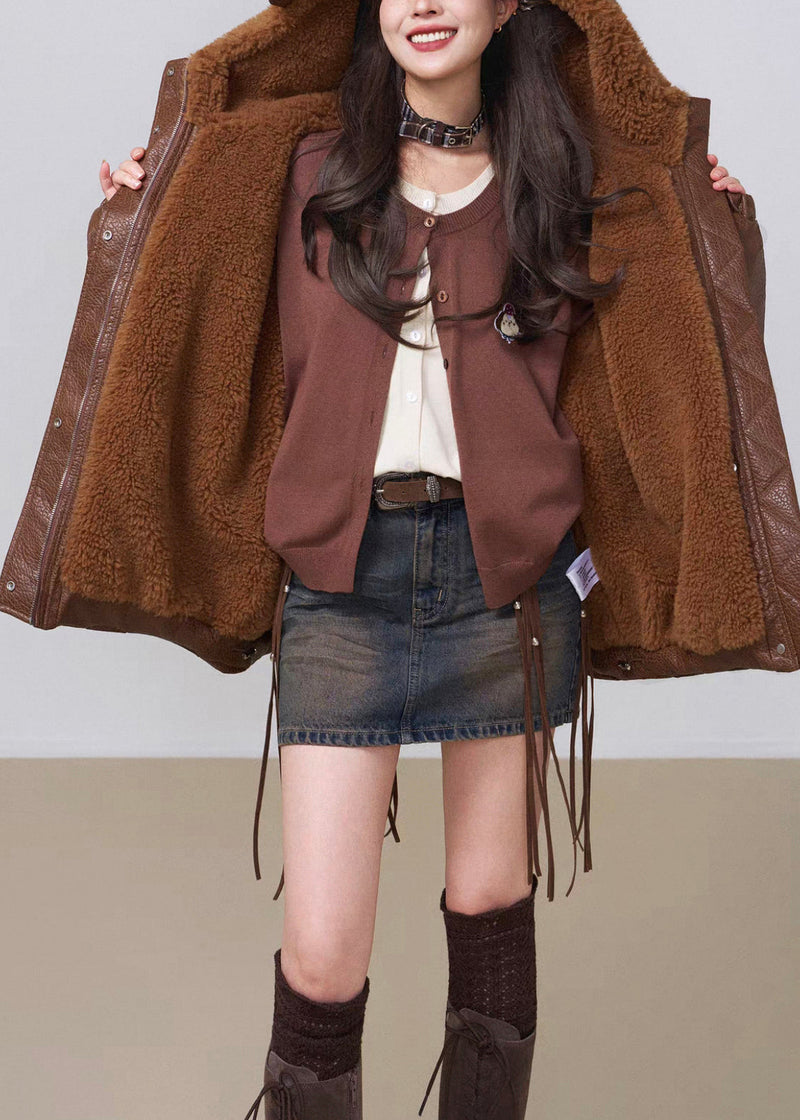 Brown Hooded Pockets Fluffy Faux Leather Winter