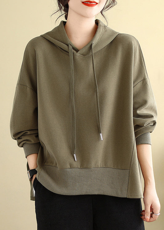 Brown Hooded Side Open Cotton Sweatshirts Fall